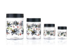 Qshare Flower Printed Storage Containers - Plastic Storage Organiser Jar Set for Kitchen with Airtight Lid Spoon, 1200ml, 650ml, 350ml & 250ml Dabba for Snacks, Grains Dry Fruits (Black, Set Of 24pc)