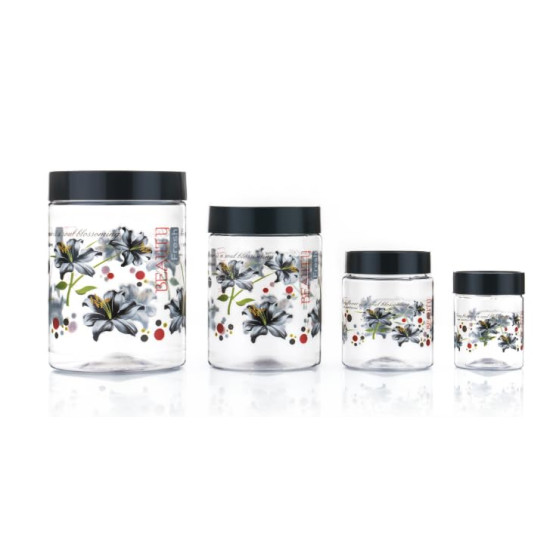 Qshare Flower Printed Storage Containers - Plastic Storage Organiser Jar Set for Kitchen with Airtight Lid Spoon, 1200ml, 650ml, 350ml & 250ml Dabba for Snacks, Grains Dry Fruits (Black, Set Of 24pc)