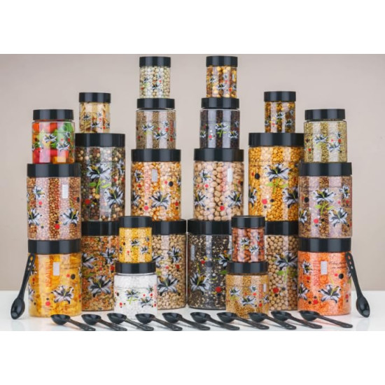 Qshare Flower Printed Storage Containers - Plastic Storage Organiser Jar Set for Kitchen with Airtight Lid Spoon, 1200ml, 650ml, 350ml & 250ml Dabba for Snacks, Grains Dry Fruits (Black, Set Of 24pc)