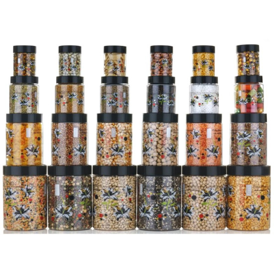 Qshare Flower Printed Storage Containers - Plastic Storage Organiser Jar Set for Kitchen with Airtight Lid Spoon, 1200ml, 650ml, 350ml & 250ml Dabba for Snacks, Grains Dry Fruits (Black, Set Of 24pc)