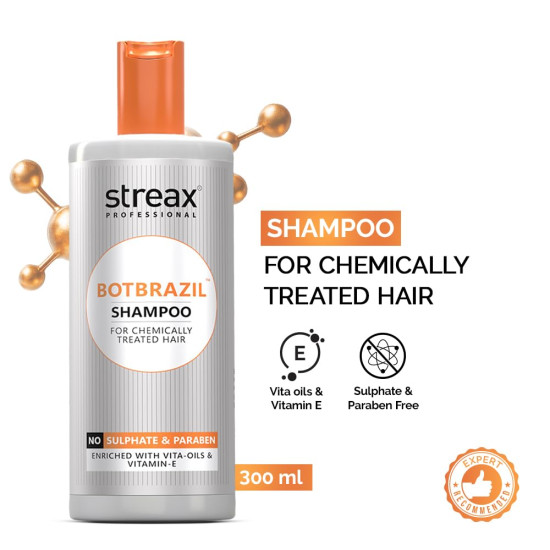 Streax Professional BotBrazil Shampoo,300 ml for Keratin, Nanoplasty, & Smoothening, Sulphate & Paraben-Free Shampoo for Women & Men, Enriched with Vita Oils Nourishes Chemically Treated Hair