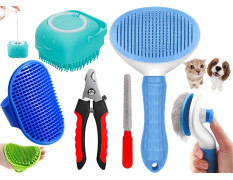 Styllent 4‑in‑1 Pet Grooming Set – Self‑Cleaning Slicker Deshedding Brush + Silicone Bath & Massage Tool + Adjustable Rubber Bath Scrubber + Ergonomic Nail Clippers – for Dogs & Cats