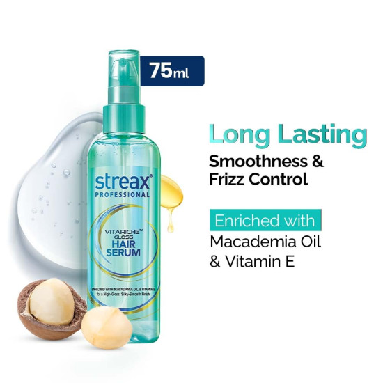 Streax Professional Vitariche Gloss Hair Serum,75 ml| Frizz-Free Hair | Enhance Shine and Smoothness | With Vitamin E & Macadamia Oil| | For All Hair Types