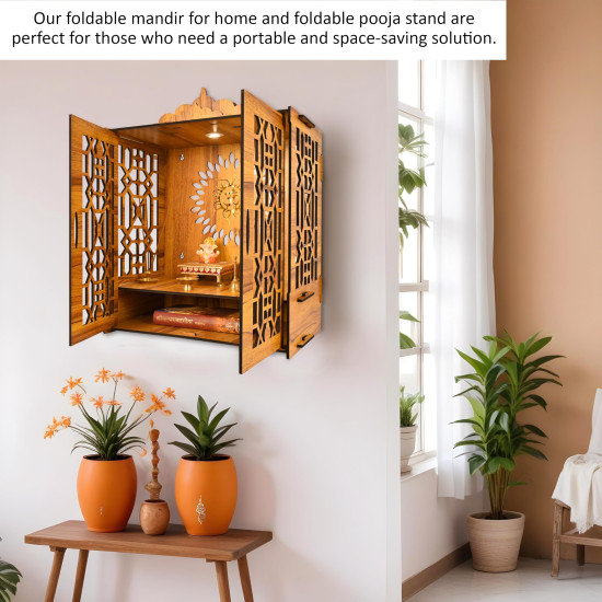 True Flair Temple Mandir for Home with Door | Wooden MDF, Assembly Required | Pooja Unit with Storage Space | LED Light and Wall Mounts | Pooja Mandir for Home Big Size (H-21, L-16.5, B-10 inch)