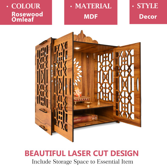 True Flair Temple Mandir for Home with Door | Wooden MDF, Assembly Required | Pooja Unit with Storage Space | LED Light and Wall Mounts | Pooja Mandir for Home Big Size (H-21, L-16.5, B-10 inch)