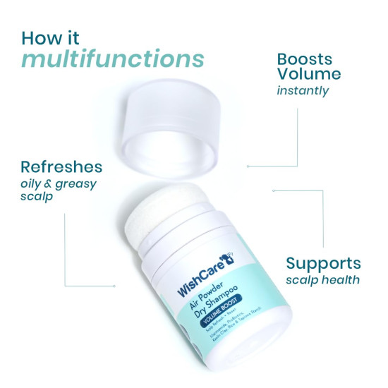 WishCare Air Powder Dry Shampoo for Oily Hair & Scalp - No White Cast & Aerosol - Niacinamide, Probiotics, Kaolin Clay, Rice & Tapioca Starch - Volume Boost, Scalp Refresh & Reset 10gm
