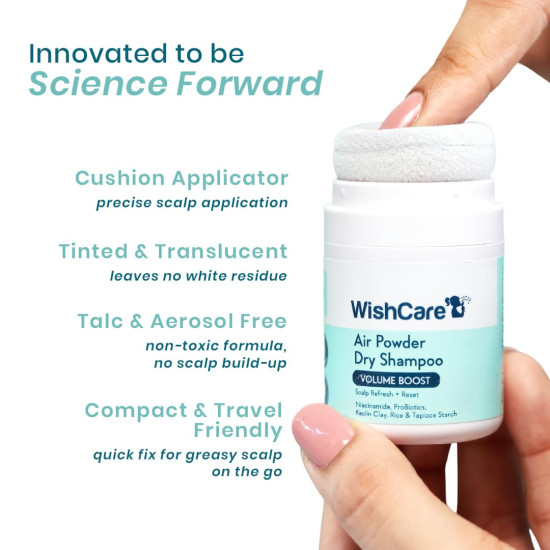 WishCare Air Powder Dry Shampoo for Oily Hair & Scalp - No White Cast & Aerosol - Niacinamide, Probiotics, Kaolin Clay, Rice & Tapioca Starch - Volume Boost, Scalp Refresh & Reset 10gm