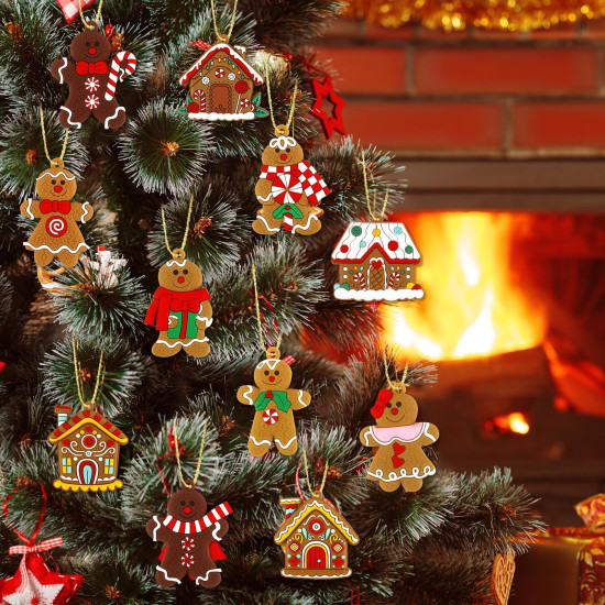 16Pcs Christmas Decorations, Gingerbread House Ornaments, Festive Tree Hanging Decor for Holiday Party, Classroom and Office, Family Activity (16pcs (red A)