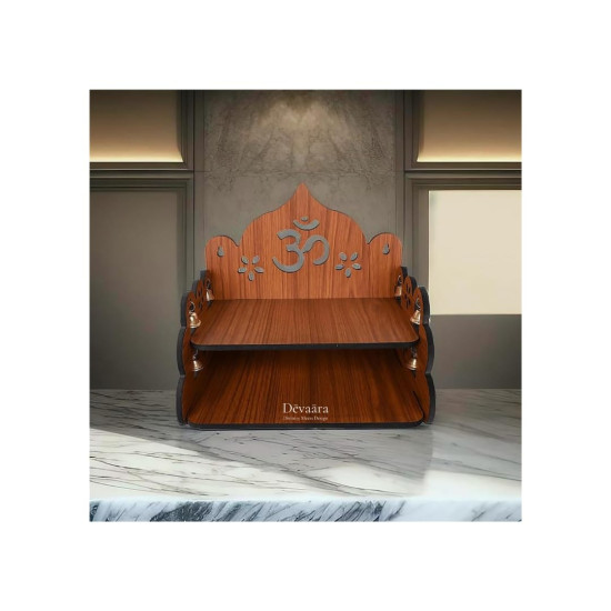 Devaāra Small Wooden Pooja Stand for Home & Office – Wall Mount or Tabletop Mandir with Bells | Compact Puja Temple for Home Decor | 9x9x8 Inch, Brown