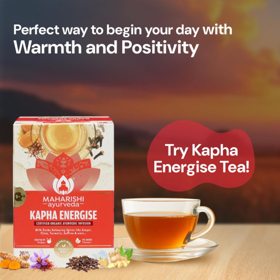 Maharishi Ayurveda Organic Certified Kapha Energise Herbal Tea | With Ginger, Clove, Cardamom, Turmeric & Saffron | Supports Agni, Energy & Kapha Balance | 20 Tea Bags (30g)