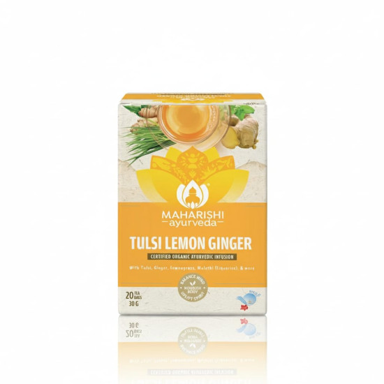Maharishi Ayurveda Organic Certified Tulsi Lemon Ginger Herbal Tea | With Tulsi, Lemongrass & Ginger | Supports Immunity, Digestion & Seasonal Comfort | 20 Tea Bags (30g)