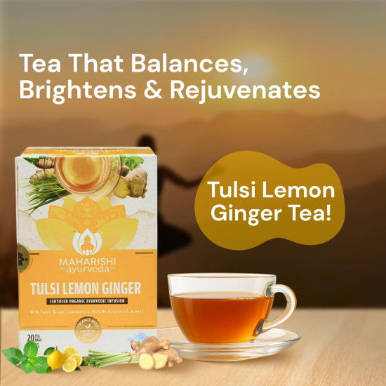 Maharishi Ayurveda Organic Certified Tulsi Lemon Ginger Herbal Tea | With Tulsi, Lemongrass & Ginger | Supports Immunity, Digestion & Seasonal Comfort | 20 Tea Bags (30g)