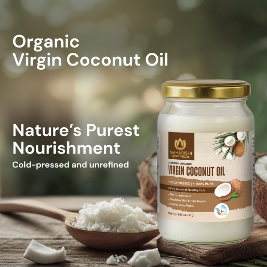 Maharishi Ayurveda Organic Certified Virgin Coconut Oil | Cold-Pressed, Unrefined & Chemical-Free | For Cooking, Skin & Hair Nourishment | 500 ml (Glass Jar)