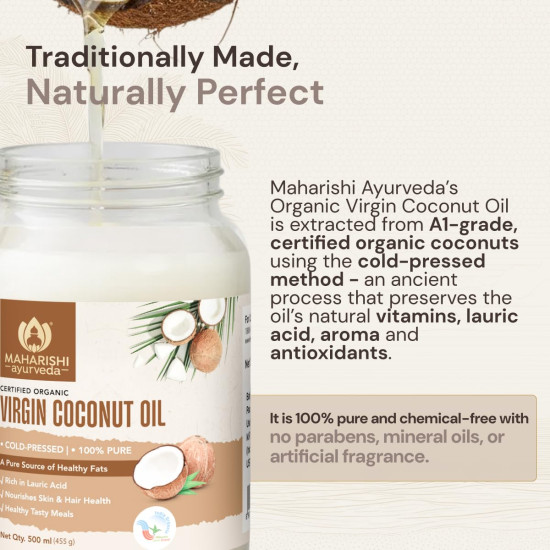 Maharishi Ayurveda Organic Certified Virgin Coconut Oil | Cold-Pressed, Unrefined & Chemical-Free | For Cooking, Skin & Hair Nourishment | 500 ml (Glass Jar)