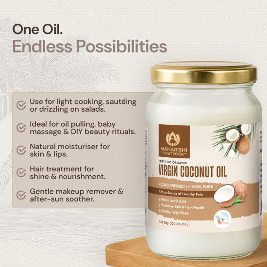 Maharishi Ayurveda Organic Certified Virgin Coconut Oil | Cold-Pressed, Unrefined & Chemical-Free | For Cooking, Skin & Hair Nourishment | 500 ml (Glass Jar)