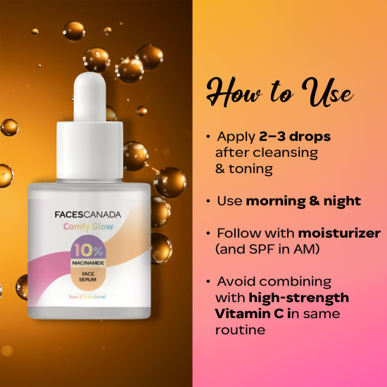 FACES CANADA Comfy Glow 10% Niacinamide Face Serum - 15ml | Controls Oil | Fades Spots & Marks | Minimizes Pores | Brightens Tone & Refines Skin Texture | Lightweight | Water Based Formula