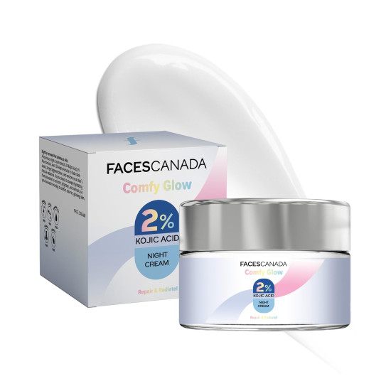 FACES CANADA 2% Kojic Acid Comfy Glow Night Cream with Niacinamide & Alpha Arbutin for Skin Brightening (25 gm) | Face Cream I Night Cream I Kojic Acid Glowing & Brightening Cream | Fades Dark Spots & Acne Marks | Nourishes & Hydrates