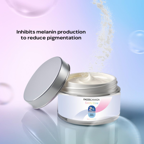 FACES CANADA 2% Kojic Acid Comfy Glow Night Cream with Niacinamide & Alpha Arbutin for Skin Brightening (25 gm) | Face Cream I Night Cream I Kojic Acid Glowing & Brightening Cream | Fades Dark Spots & Acne Marks | Nourishes & Hydrates