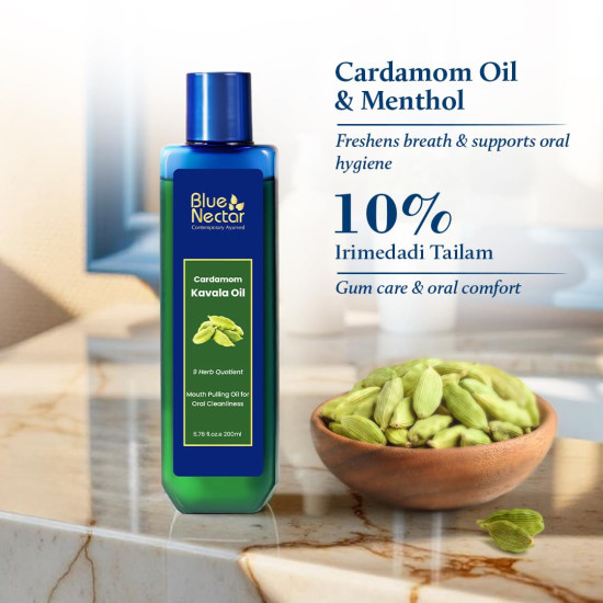 Blue Nectar Cardamom Mint Oil Pulling for Mouth | Ayurvedic Mouth Freshener & Mouthwash | Natural Pulling Oil for Cool Fresh Breath & Daily Oral Care (9 Herbs, 100ml) Blue Nectar Cardamom Mint Oil Pulling for Mouth | Ayurvedic Mouth Freshener & Mouthwash | Natural Pulling Oil for Cool Fresh Breath & Daily Oral Care (9 Herbs, 100ml)