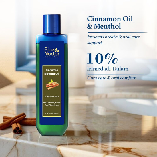 Blue Nectar Cinnamon Mouth Pulling Oil for Kavala Gandusha Oral Hygiene Ritual | Ayurvedic Mouth Wash Liquid for Bad Breath Remover, Oral Care & Gum Care Support (9 Herbs, 100ml) Blue Nectar Cinnamon Mouth Pulling Oil for Kavala Gandusha Oral Hygiene Ritual | Ayurvedic Mouth Wash Liquid for Bad Breath Remover, Oral Care & Gum Care Support (9 Herbs, 100ml)