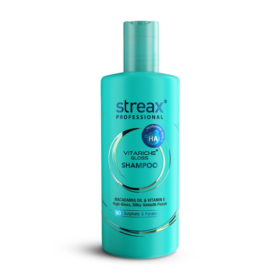 Streax Professional Vitariche Gloss Shampoo with With Hyaluronic Acid -300ml, Sulfate-Free Shampoo for Dry, Damaged & Frizzy Hair, Hydrating & Nourishing Shampoo with Hyaluron Molecules for Frizz Control, For All Hair Types Streax Professional Vitariche Gloss Shampoo with With Hyaluronic Acid -300ml, Sulfate-Free Shampoo for Dry, Damaged & Frizzy Hair, Hydrating & Nourishing Shampoo with Hyaluron Molecules for Frizz Control, For All Hair Types
