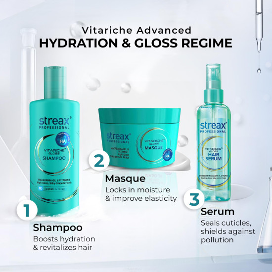Streax Professional Vitariche Gloss Shampoo with With Hyaluronic Acid -300ml, Sulfate-Free Shampoo for Dry, Damaged & Frizzy Hair, Hydrating & Nourishing Shampoo with Hyaluron Molecules for Frizz Control, For All Hair Types Streax Professional Vitariche Gloss Shampoo with With Hyaluronic Acid -300ml, Sulfate-Free Shampoo for Dry, Damaged & Frizzy Hair, Hydrating & Nourishing Shampoo with Hyaluron Molecules for Frizz Control, For All Hair Types