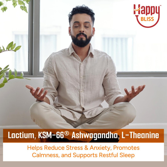 Bliss Welness Happy Bliss : Happiness, Anxiety & Stress Relief Supplement | Natural Support for Calm, Mood, Anti Nervousness & Happy Hormones | Cortisol, Dopamine, Endorphin, Serotonin & Oxytocin | Magnesium, KSM 66 Ashwagandha : 30 Servings
