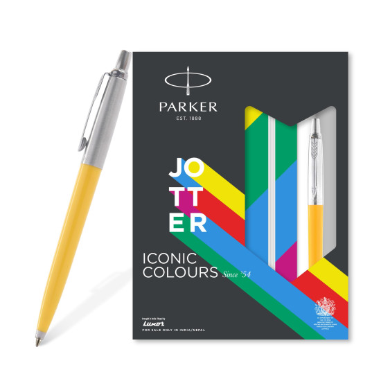 Parker Jotter Standard Chrome Trim Ball Pen and Notebook, Yellow Body, Blue Ink, Fine Point - Ideal Gift Set for Professionals and Students Parker Jotter Standard Chrome Trim Ball Pen and Notebook, Yellow Body, Blue Ink, Fine Point - Ideal Gift Set for Professionals and Students
