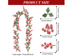 HASTHIP® Frosted Red Christmas Berry Garland, Artificial Holiday Hanging Garlands Christmas Vine with Green Holly Leaves Xmas Greenery Rattan for Stairs Wall Fireplace Mantel Decor