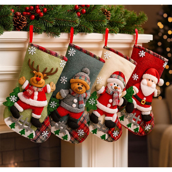PANCA Set of 4 Big Size Christmas Decorations Stocking, 10 Inch Linen Xmas Gift Stockings, Large Hanging Christmas Tree Decoration Items for Xmas Tree, Home Decor, Door, Window, Ornament Wall Decor