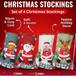 PANCA Set of 4 Big Size Christmas Decorations Stocking, 10 Inch Linen Xmas Gift Stockings, Large Hanging Christmas Tree Decoration Items for Xmas Tree, Home Decor, Door, Window, Ornament Wall Decor