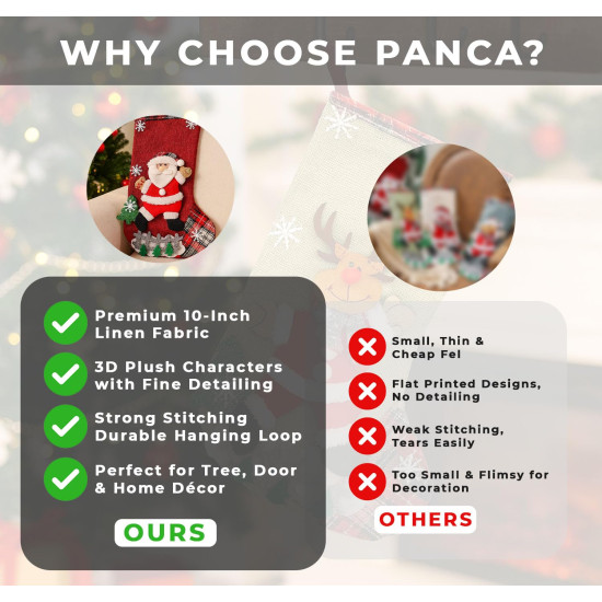 PANCA Set of 4 Big Size Christmas Decorations Stocking, 10 Inch Linen Xmas Gift Stockings, Large Hanging Christmas Tree Decoration Items for Xmas Tree, Home Decor, Door, Window, Ornament Wall Decor