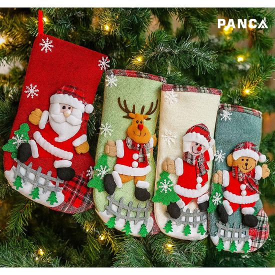 PANCA Set of 4 Big Size Christmas Decorations Stocking, 10 Inch Linen Xmas Gift Stockings, Large Hanging Christmas Tree Decoration Items for Xmas Tree, Home Decor, Door, Window, Ornament Wall Decor