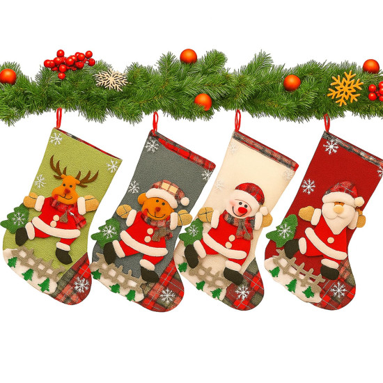 PANCA Set of 4 Big Size Christmas Decorations Stocking, 10 Inch Linen Xmas Gift Stockings, Large Hanging Christmas Tree Decoration Items for Xmas Tree, Home Decor, Door, Window, Ornament Wall Decor