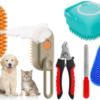 Bekin 4‑in‑1 Pet Grooming Set – Bath Brush Steam Brush 3 in 1 Water Brush Brush + Silicone Bath & Massage Tool + Adjustable Rubber Bath Scrubber + Ergonomic Nail Clippers – for Dogs & Cats