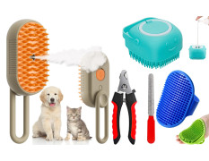 Bekin 4‑in‑1 Pet Grooming Set – Bath Brush Steam Brush 3 in 1 Water Brush Brush + Silicone Bath & Massage Tool + Adjustable Rubber Bath Scrubber + Ergonomic Nail Clippers – for Dogs & Cats
