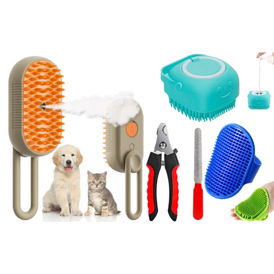 Bekin 4‑in‑1 Pet Grooming Set – Bath Brush Steam Brush 3 in 1 Water Brush Brush + Silicone Bath & Massage Tool + Adjustable Rubber Bath Scrubber + Ergonomic Nail Clippers – for Dogs & Cats