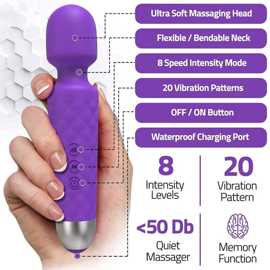 FEGSY Full Body Massager for Women & Men, Rechargeable Wireless Massager Machine for Pain Relief, Handheld Massager with Medical Grade Silicone, 8 Speeds, 20 Modes (Purple)