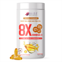 Bliss Welness 8X Strength Omega 3 Fish Oil Capsules | 3000mg Fish Oil with 1400mg EPA & 1000mg DHA | Muscle, Heart, Brain, Eyes & Joints Health Support | No Fishy Burps | 60 Softgel Capsules