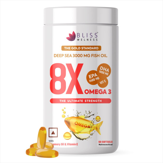 Bliss Welness 8X Strength Omega 3 Fish Oil Capsules | 3000mg Fish Oil with 1400mg EPA & 1000mg DHA | Muscle, Heart, Brain, Eyes & Joints Health Support | No Fishy Burps | 60 Softgel Capsules