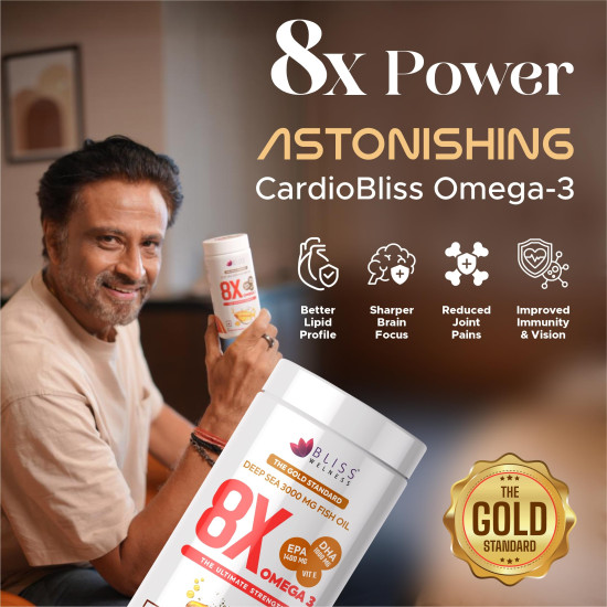 Bliss Welness 8X Strength Omega 3 Fish Oil Capsules | 3000mg Fish Oil with 1400mg EPA & 1000mg DHA | Muscle, Heart, Brain, Eyes & Joints Health Support | No Fishy Burps | 60 Softgel Capsules