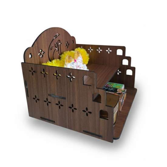 Bindian Wooden Wall Hanging Temple for Home and Office | Double Shelf Pooja Mandir for Idol and Diya | Engraved 'Shree' Symbol | Dark Walnut Finish Medium Size Mandap for Devotional Decor