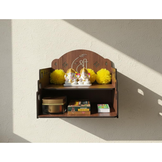 Bindian Wooden Wall Hanging Temple for Home and Office | Double Shelf Pooja Mandir for Idol and Diya | Engraved 'Shree' Symbol | Dark Walnut Finish Medium Size Mandap for Devotional Decor