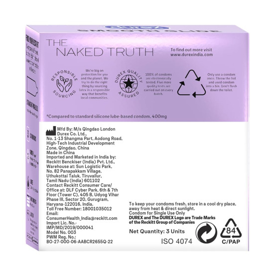 Durex Naturals Smooth Glide Condoms for Men - 3 Count | with 2X Water-Based Lubricant | Ultra Thin