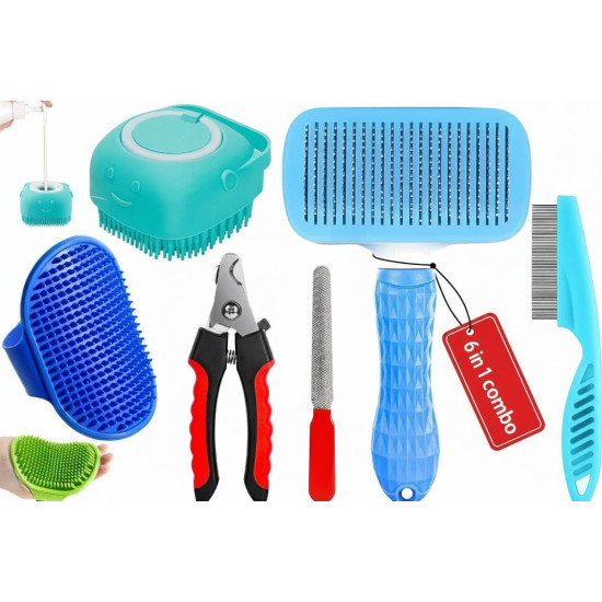 6 in 1 Pet Grooming Kit for Dog and Cat with Shedding Brush Nail Clipper Bath Brush Flea Comb and Complete Grooming Tools Set for Home Pet Hair Care Fur Cleaning and Professional Daily Pet Grooming Use