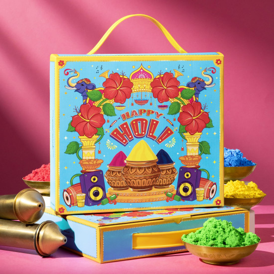 Phool 4 Pack Holi Colour- Party Pack, Pink Blue Green Yellow, | 300 GMS gulal | Herbal and Organic Color | Skin Safe Certificate | Gulal for Kids & Family with Interactive Greeting Card