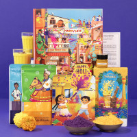 Phool 6+ Holi item Mohalla Pop-up Gulaal Box 2026 | Natural color Purple + Orange 75g Each | Thandai Powder + Chandan Tika 15g | Herbal and Organic Holi colour Gift Box with Skin Safety Certificate & Greeting Card | Premium Holi Gift Hamper