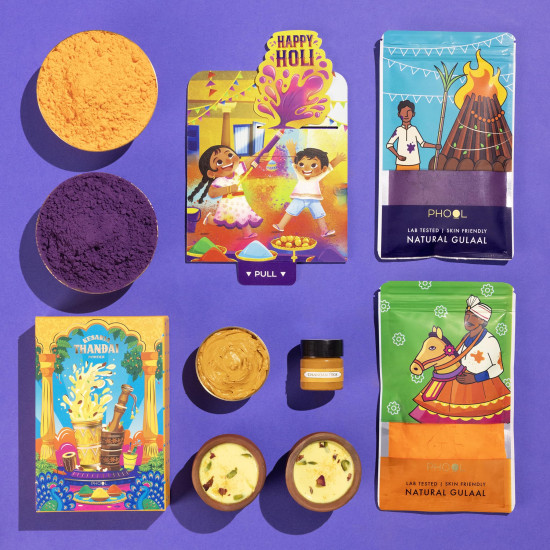 Phool 6+ Holi item Mohalla Pop-up Gulaal Box 2026 | Natural color Purple + Orange 75g Each | Thandai Powder + Chandan Tika 15g | Herbal and Organic Holi colour Gift Box with Skin Safety Certificate & Greeting Card | Premium Holi Gift Hamper Phool 6+ Holi item Mohalla Pop-up Gulaal Box 2026 | Natural color Purple + Orange 75g Each | Thandai Powder + Chandan Tika 15g | Herbal and Organic Holi colour Gift Box with Skin Safety Certificate & Greeting Card | Premium Holi Gift Hamper
