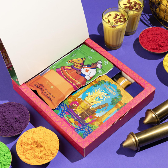 Phool 6+ Holi item Mohalla Pop-up Gulaal Box 2026 | Natural color Purple + Orange 75g Each | Thandai Powder + Chandan Tika 15g | Herbal and Organic Holi colour Gift Box with Skin Safety Certificate & Greeting Card | Premium Holi Gift Hamper Phool 6+ Holi item Mohalla Pop-up Gulaal Box 2026 | Natural color Purple + Orange 75g Each | Thandai Powder + Chandan Tika 15g | Herbal and Organic Holi colour Gift Box with Skin Safety Certificate & Greeting Card | Premium Holi Gift Hamper