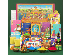 Phool 13+ item Holi Milan Giftbox | Holi colour Pack of 4 (Pink Yellow Green Blue) 100g Each | Thandai Powder + Chandan Tika 50g | Holi T-Shirt + Kimirica Body Care Kit | Farmley Dry Fruits Snacks